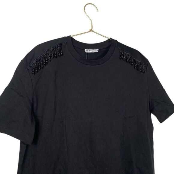 Zara Women's Short Sleeve Tee Shirt Beaded Shoulders‎ Solid Black Size S WP435 - Picture 2 of 8